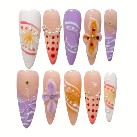Colorful Handmade Press On Nail Art Set with Floral Designs Long Length 3D NWT - Picture 5 of 10